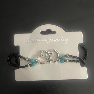 Silver Heart Anklet with Black and Turquoise Beads